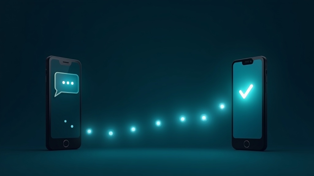 Illustration: a text message on one phone flows through a glowing pipeline into an update checkmark on another phone